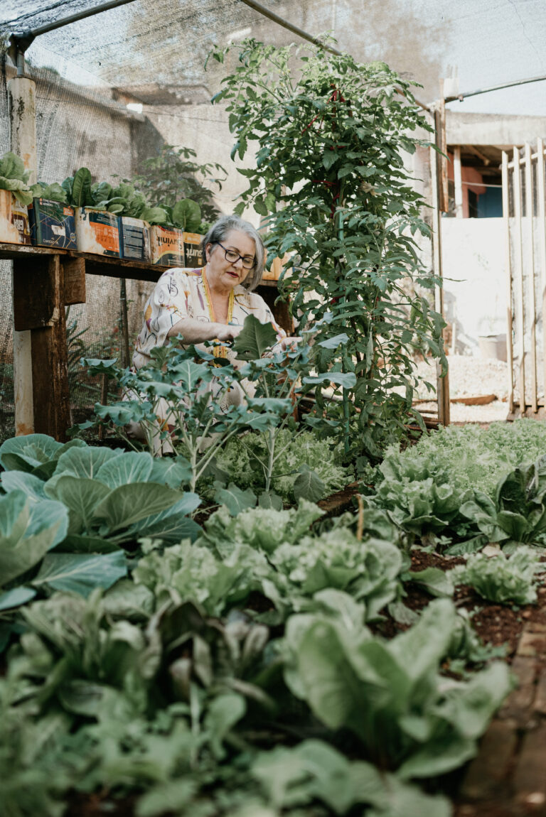 Noemi cuidando da horta